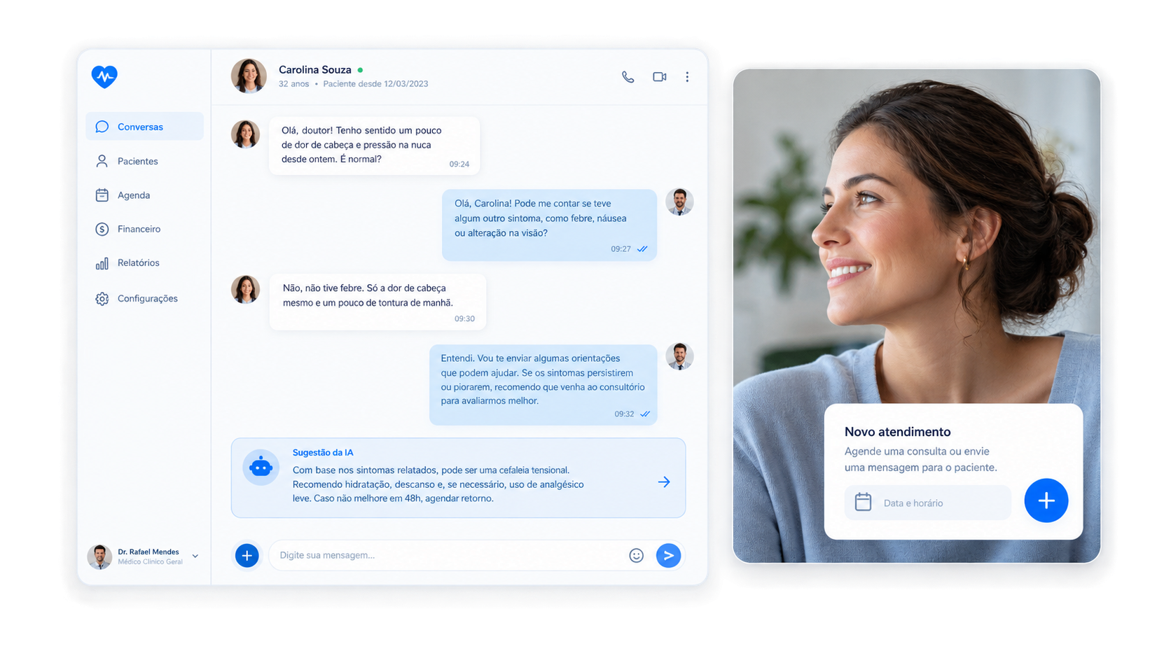 Interface de Saúde Clinic Revenue com Chat e Atendimento Inteligente